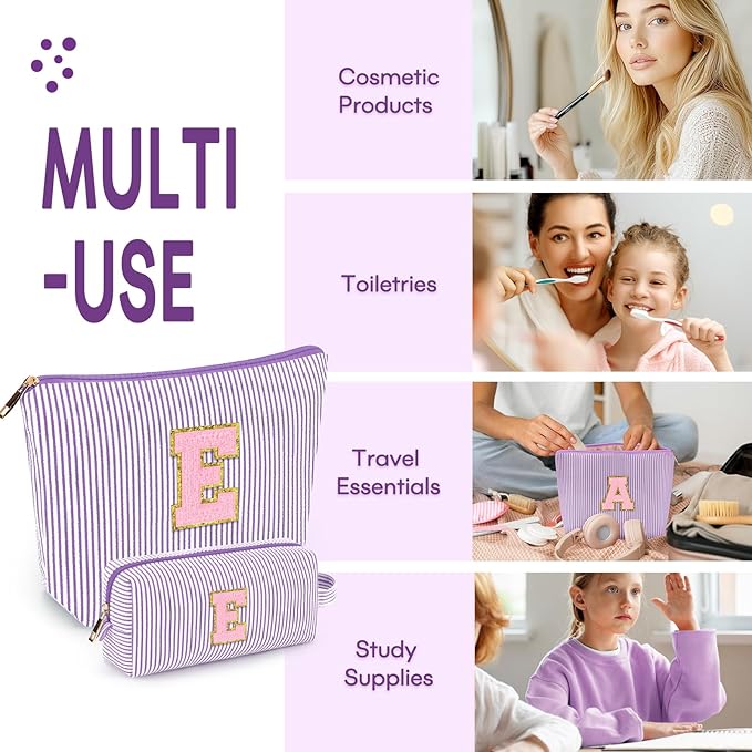 mibasies 2 PCS Initial Makeup Bags for Women: - Birthday Gifts for Teen Girls 11 12 13 14 15 16 Years Old - Preppy Trendy Stuff - Cosmetic Bag for Travel Toiletry - Purple E