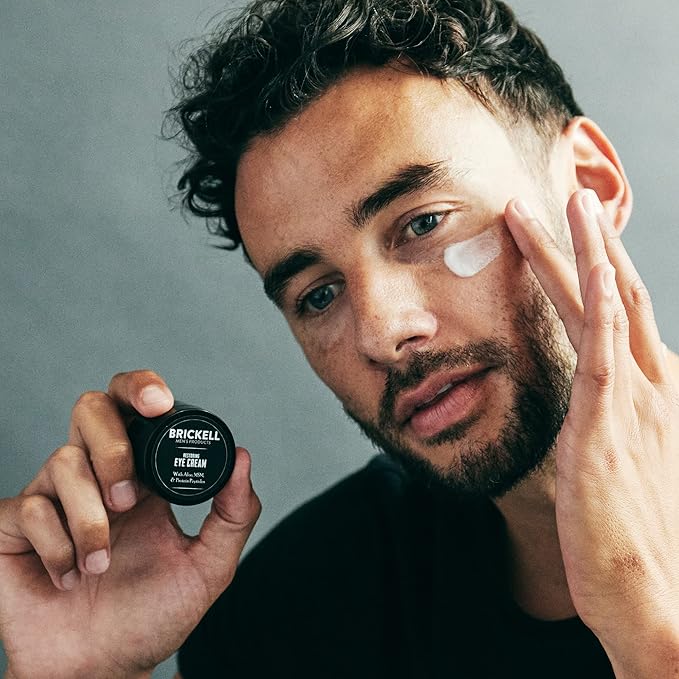 Brickell Men's Restoring Under Eye Cream for Men, Anti Aging Eye Balm To Reduce Puffiness, Wrinkles, Dark Circles, Crows Feet & Eye Bags, Caffeine, Hyaluronic Acid & Protein Peptides, 0.5oz, Unscented