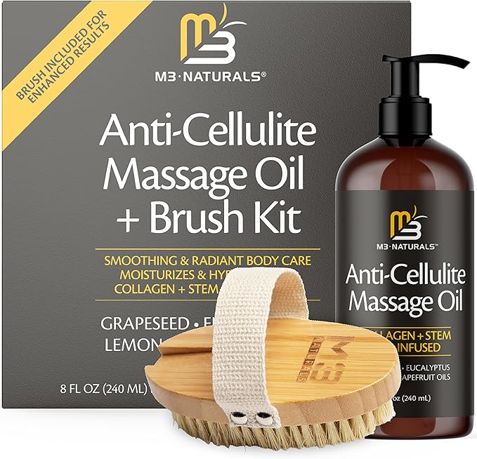 Anti Cellulite Massage Oil and Firm Dry Body Brush Kit, 8 fl oz by M3