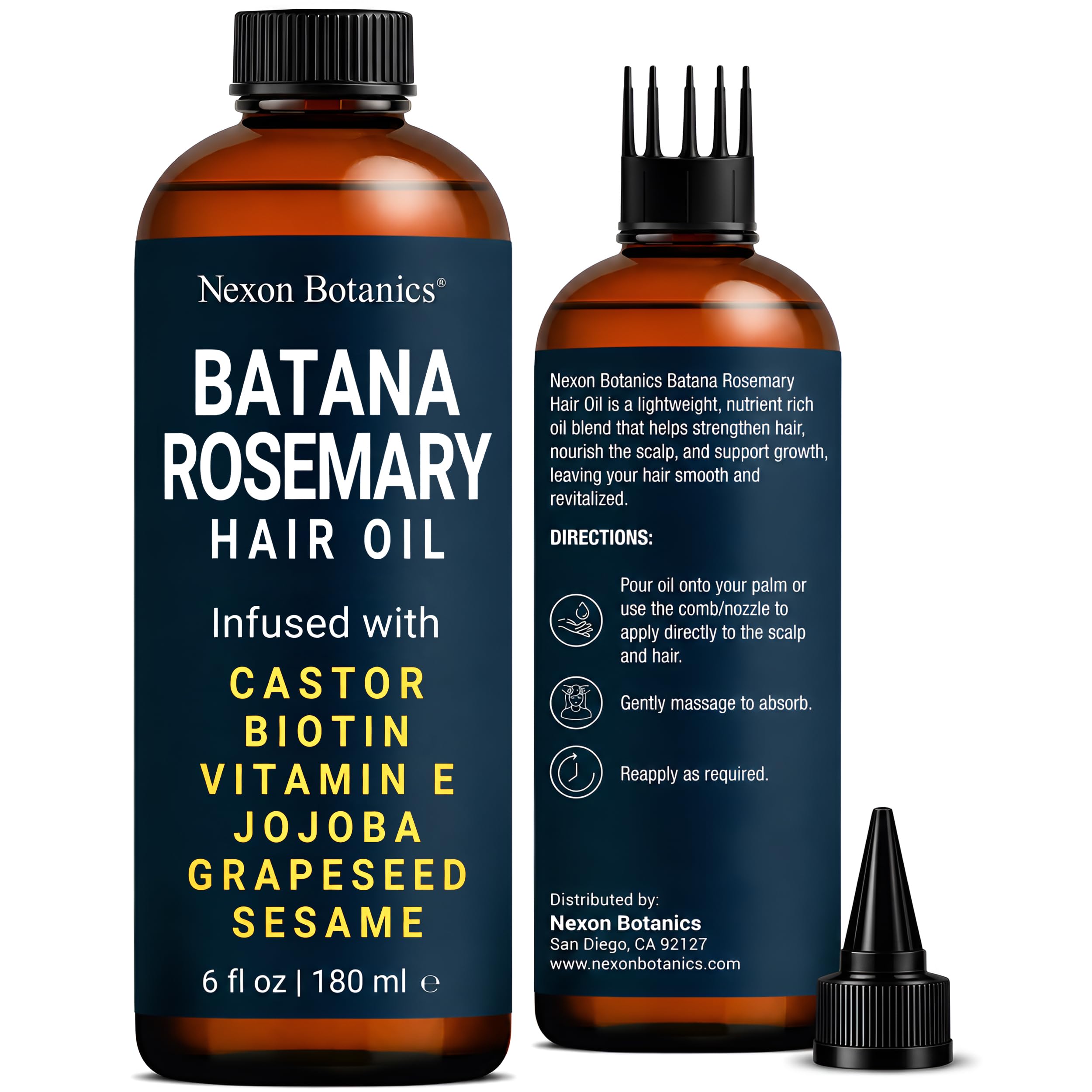 Batana Rosemary Oil for Hair Growth 6 fl oz - Lightweight Scalp Oil for Dry, Damaged Hair & Frizz Control - Aceite de Romero Para el Cabello - Nexon Botanics