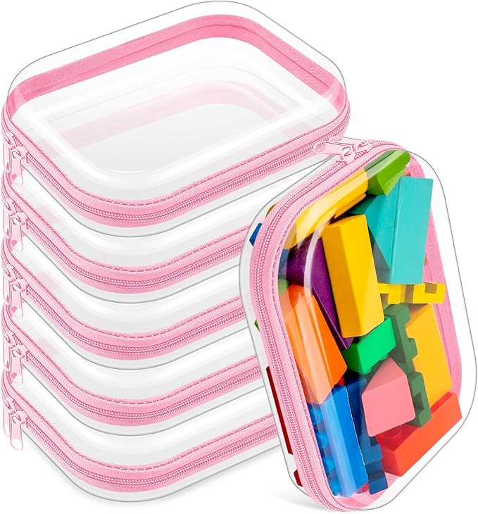 Sanwuta 6 Pcs Clear Hard Zipper Case Plastic Zipper Pouches Transparent Makeup Bag Pencil Case Pouches Toiletry Diaper Bag for Travel Toy Storage Organizer Bins(Pink,7.87 x 5.9 x 2 Inch)