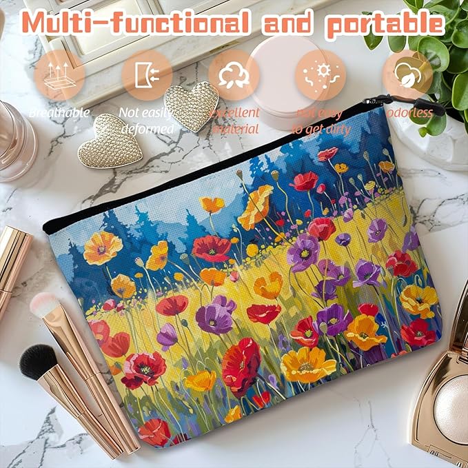 Scribesense Cosmetic Bags Travel Makeup Toilet Case Waterproof Pouch for Women Girls 6.7X9.45inches - Oil Painting of A Colorful Poppy Field