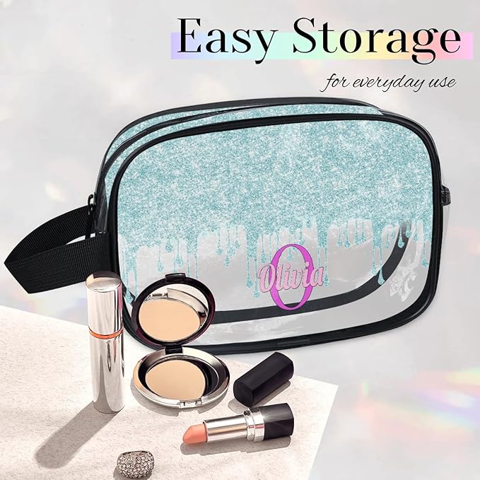 KFNHN Custom Clear Makeup Toiletry Bag, Personalized Travel Cosmetic Organizer Case Portable Bag with Zipper, Lavender Purple, Light Blue Curtain Glittering