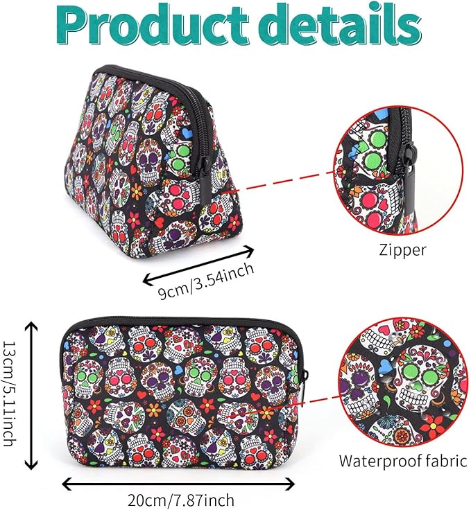 AJLTPA Waterproof Neoprene Cosmetic Bag, Floral Sugar Skull