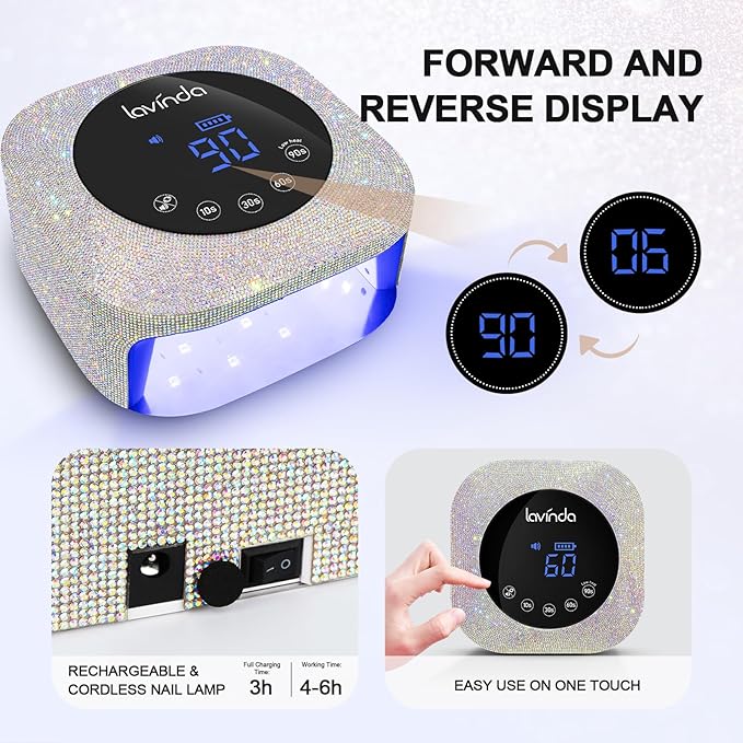 Lavinda 54W Cordless UV LED Nail Lamp for Gel Nails, Sparkle Rhinestone