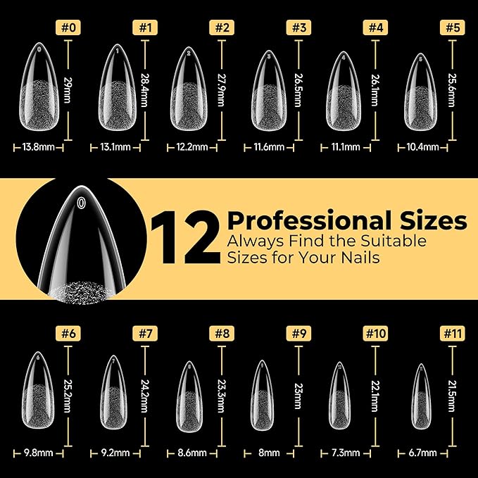 UNA GELLA 600Pcs Medium Stiletto Gel Nail Tips, Pre Etched Medium Stiletto Press on Nails & Sharp Almond Shape Full Cover Soft Gel Nails Tips for Nail Extensions DIY Art Salon 12 Sizes at Home