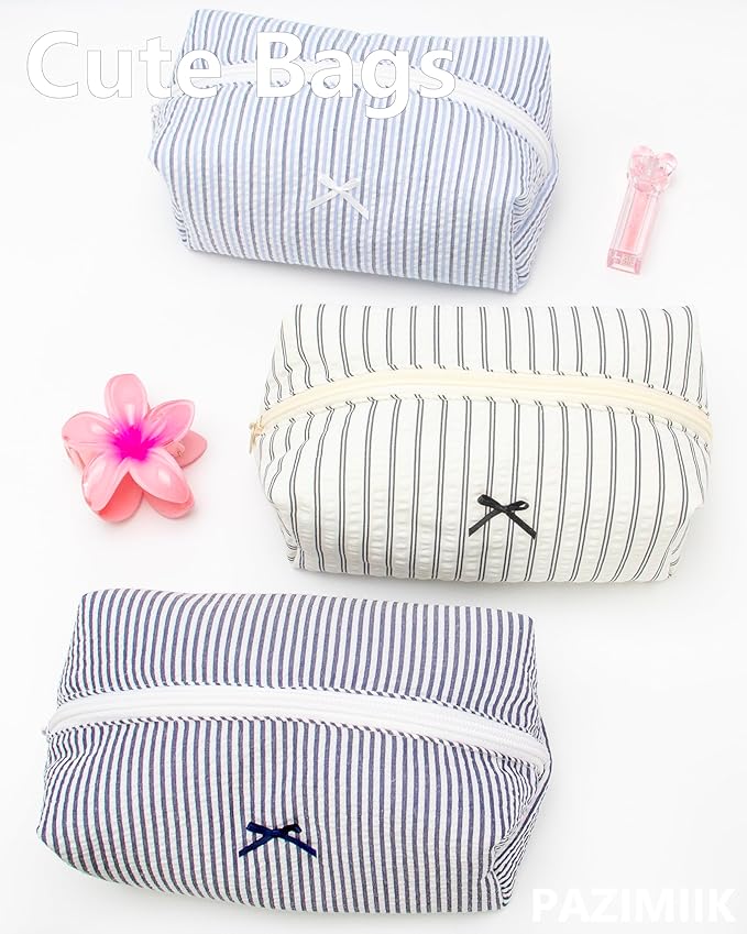 Cozy Makeup Bag for Women,Zipper Cosmetic Pouch,Stripe Black,6 Pack