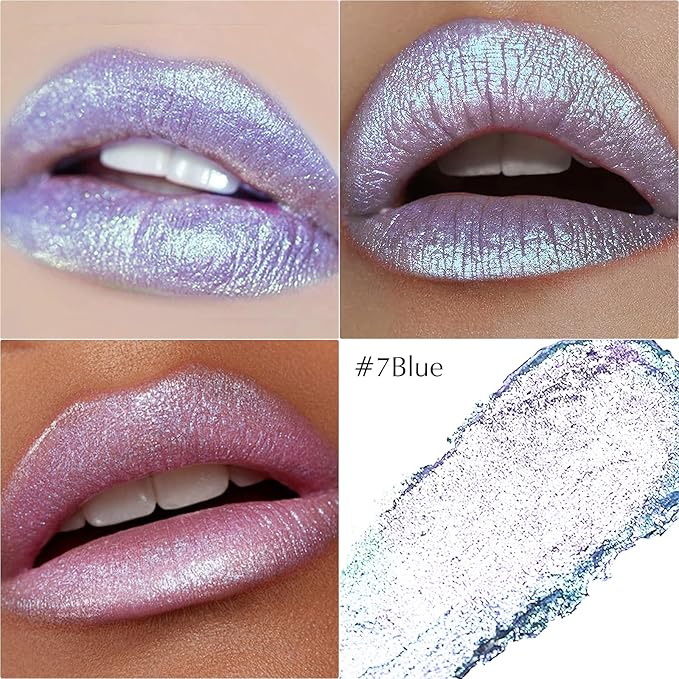Wugbc Metallic Blue Lipstick Makeup, Holographic Glitter Lip Stick Long Lasting Lightweight Non-Sticky Hydrating Lip Tinted Full Coverage High-Shine Sparkling Shimmer Lipstick for Women
