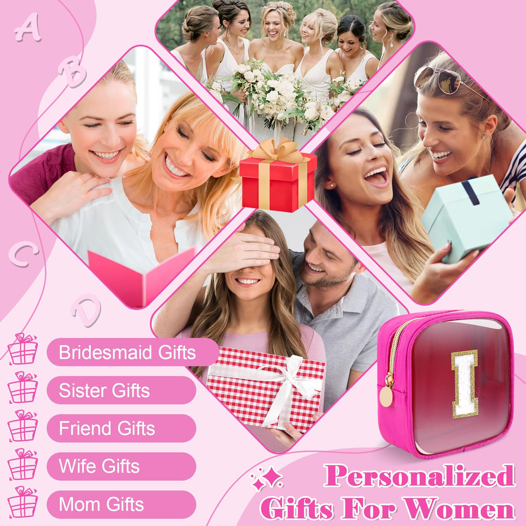 Personalized Initial Letter Clear Preppy Makeup Bag,Mini Nylon Chenille Letter Cosmetic Bag Cute Zipper Pouch Coin Purse for Teen Girls,Portable TSA Approved Travel Essentials Bag Gift for Women,I