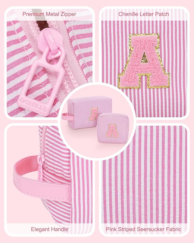 MONSTINA Initial Makeup Bag Set for Girls&Women,Personalized Make Up Case for Girlfriend Graduation Teacher Gifts,Cute Toiletry Bag Preppy Chenille Letter Patch,Pink A
