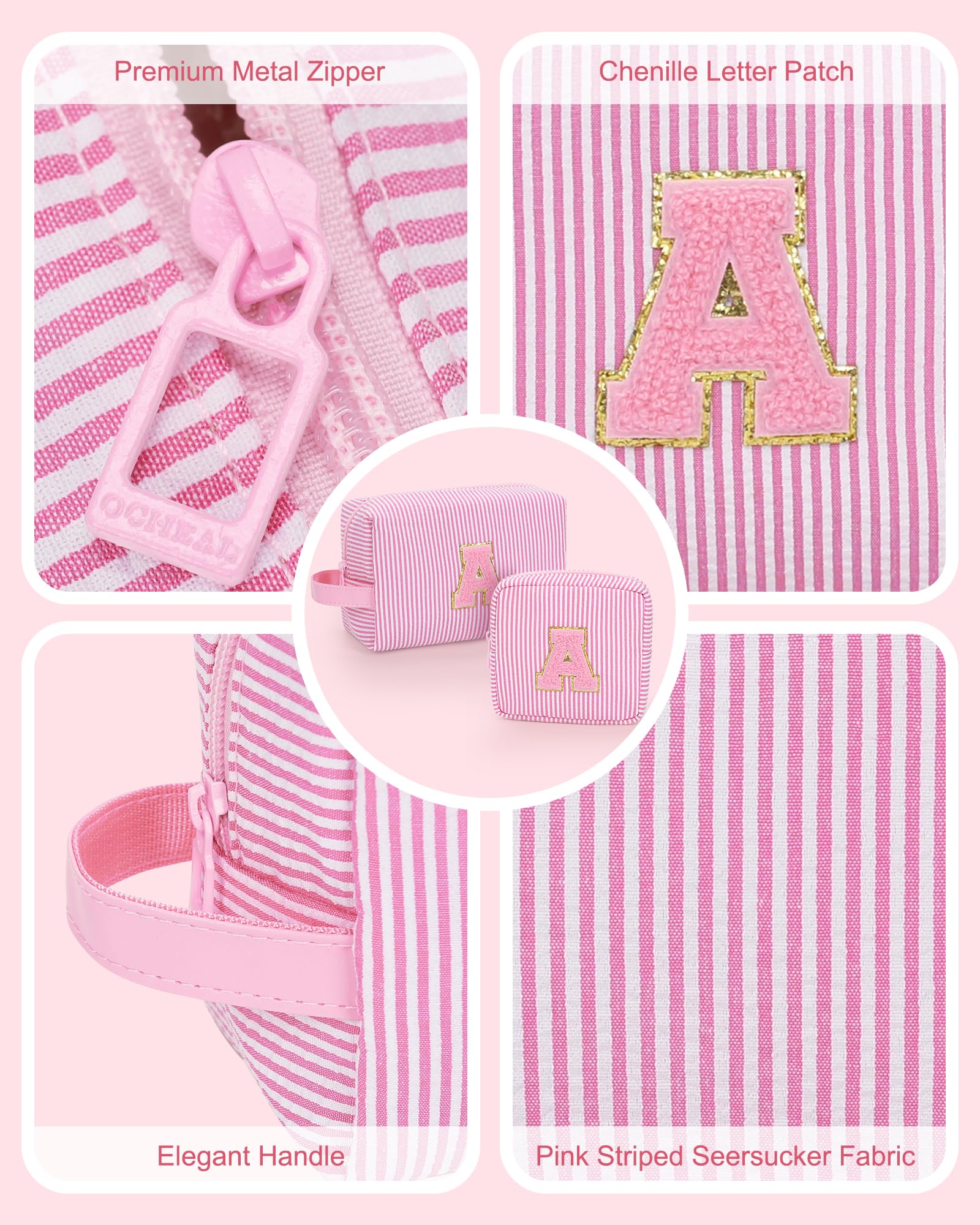 MONSTINA Easter Basket Gifts for Teens,Initial Makeup Bag,Monogram Pouch Personalized Cosmetic Bag for Girls&Women,Cute Letter Make Up Bag, Pink A