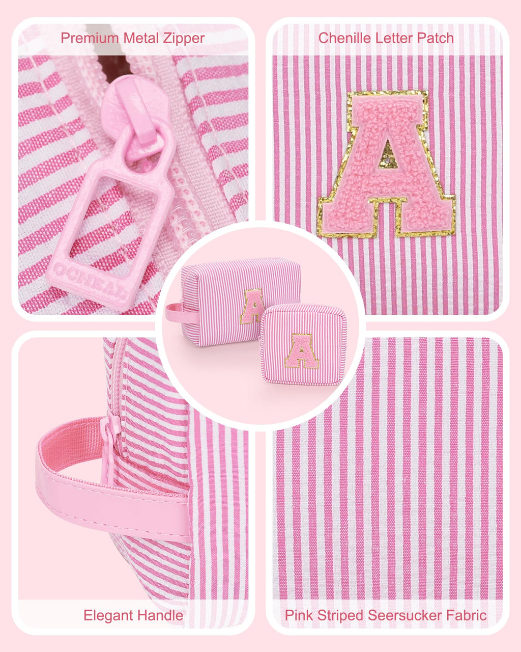 MONSTINA Personalized Initial Makeup Bag for Women,Make Up Case for Girlfriend Bridesmaid Wife,Birthday Gift for Her Cute Toiletry Bag,2PCS,Pink G