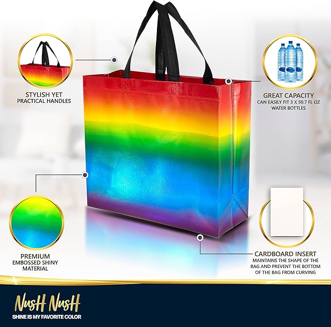 Nush Nush Large Rainbow Gift Bags with Handles, 13 x 5 x 11, Set of 12