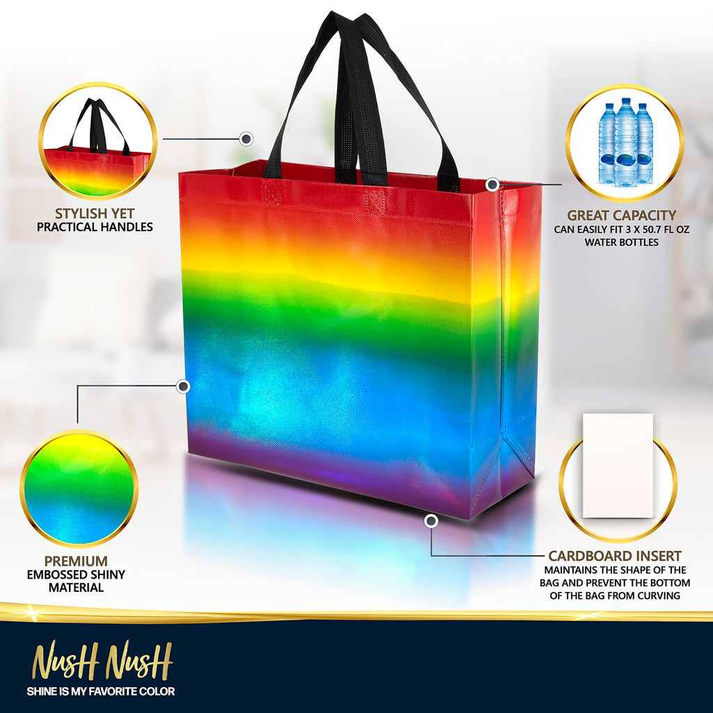 Nush Nush Large Rainbow Gift Bags with Handles, 13 x 5 x 11, Set of 12