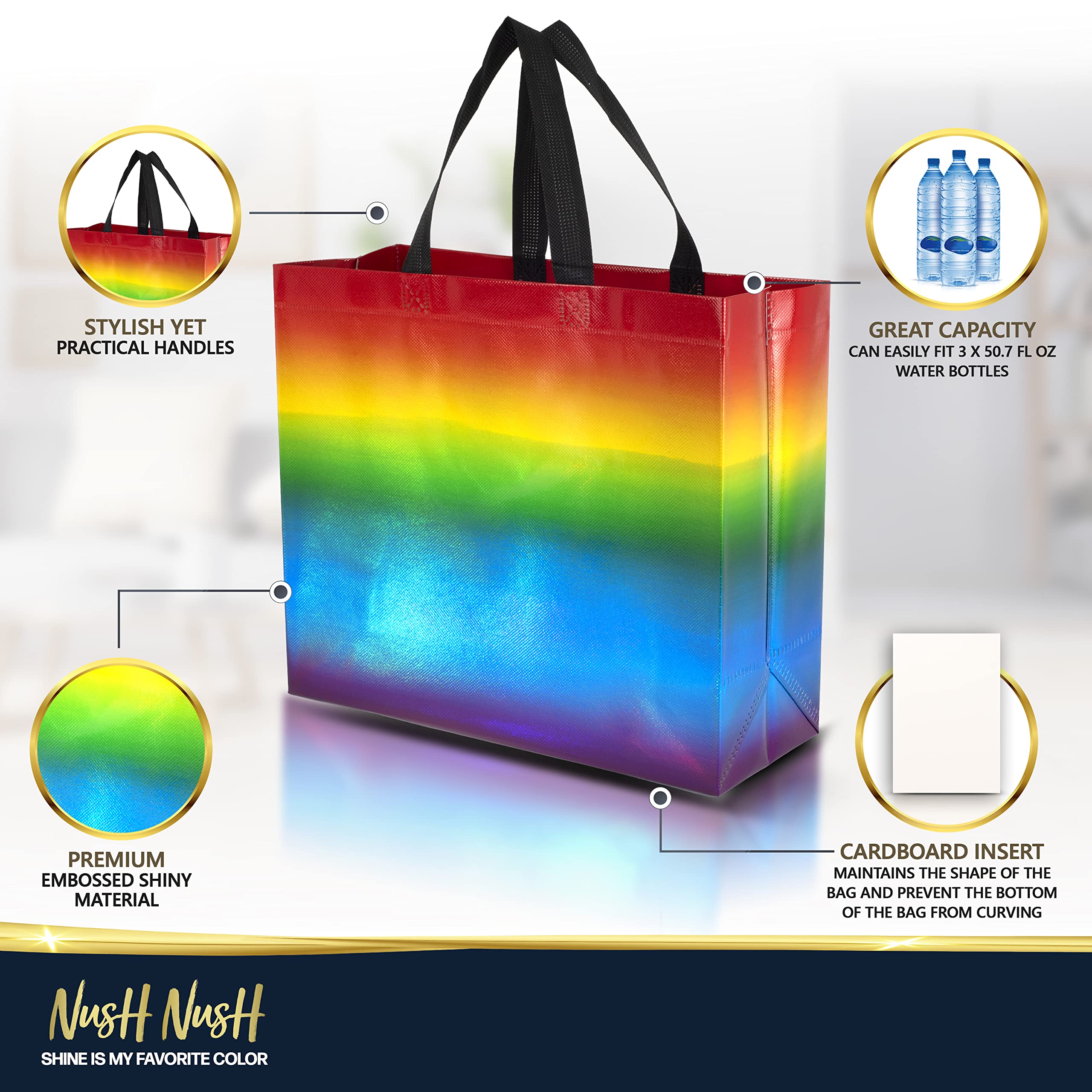 Nush Nush Large Rainbow Gift Bags with Handles, 13 x 5 x 11, Set of 12
