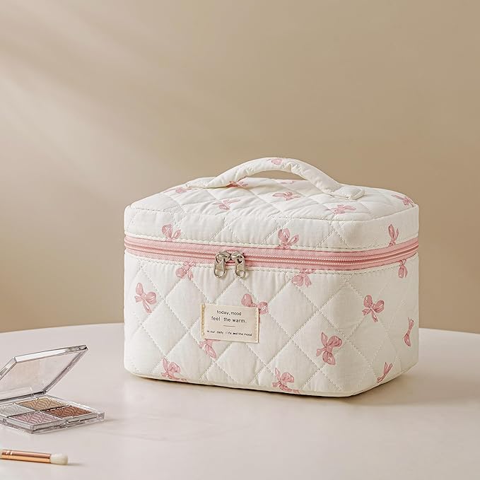 HBselect Quilted Makeup Bag, 3Pcs Cotton Large Travel Makeup Bags Organizer