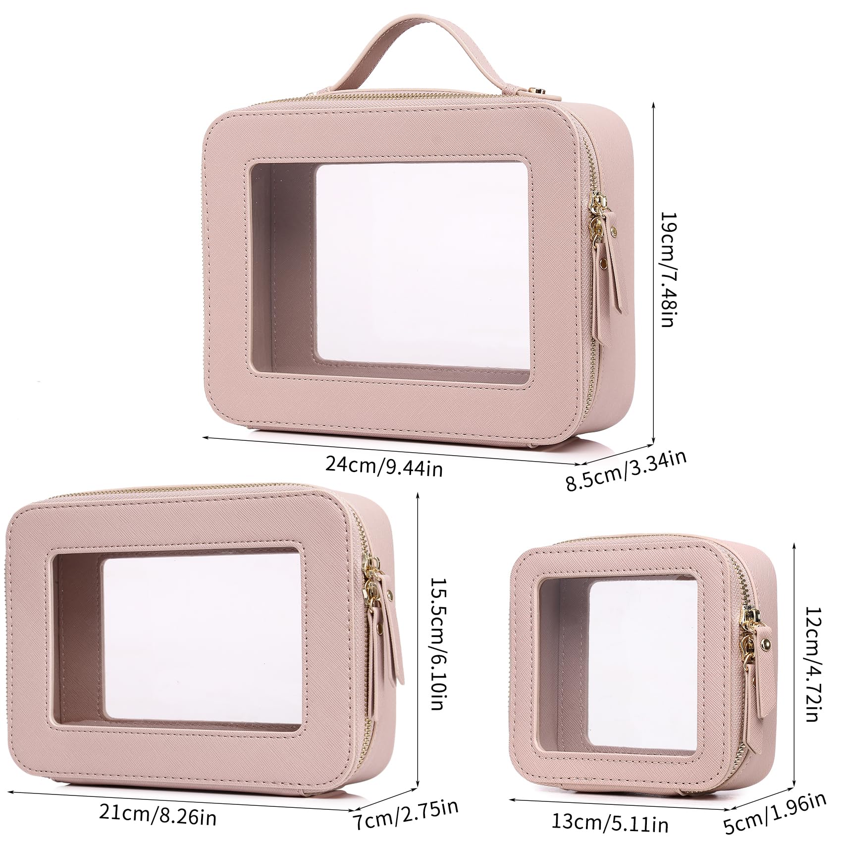 Pinkmik Clear Makeup Bag Waterproof Travel Case for Cosmetics and Toiletries Women's Purse Organizer and Clear Car Bag with Zipper (Pink, L+M+MINI)