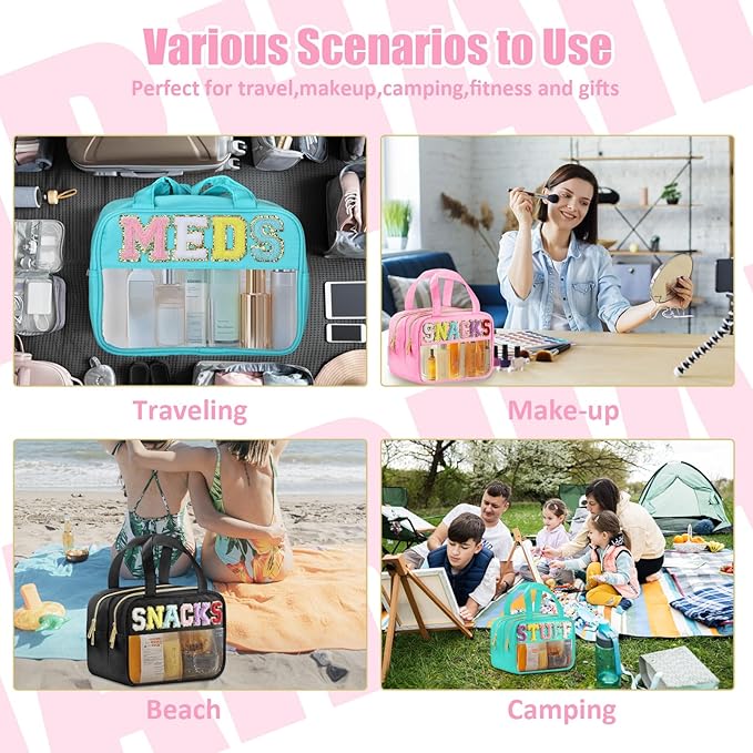 BuyCard Chenille Letter Clear Snack Makeup Bags, Waterproof Large Clear Travel Toiletry Bag, Nylon Snacks Cosmetic Pouch Bag with Handles and Zipper, Storage Bag for Women, Pink