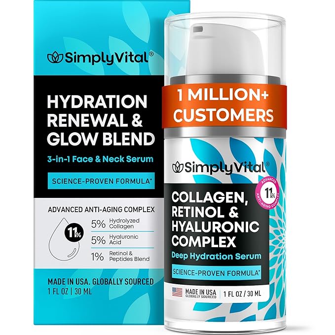 SimplyVital Collagen, Retinol & Hyaluronic Acid Serum - Anti-Aging Moisturizer for Face, Neck & Décolleté - Deep Moisturizing Skin Care Complex - Hydrating Facial Serum for Women, 1 fl.oz