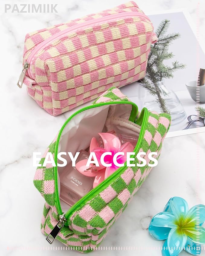 Checkered Makeup Bag for Purse, Small Travel Cosmetic Pouch,Pink Green