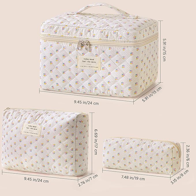 HBselect Quilted Makeup Bag, 3Pcs Cotton Large Travel Makeup Bags Organizer