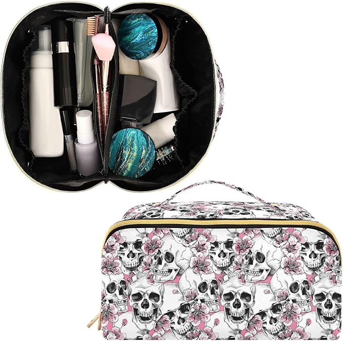 MNSRUU Makeup Organizer Bag, Halloween Skull Flowers and Pink Cherries Travel Makeup Bags Makeup Vanity Case Large Capacity Rhombus Cosmetic Toiletry Bag for Girl Women Ladies