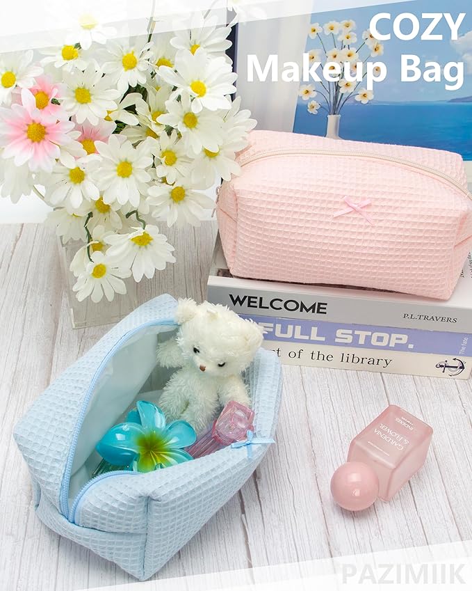 PAZIMIIK Cozy Makeup Bag for Women,Zipper Cosmetic Pouch,Waffle Blue