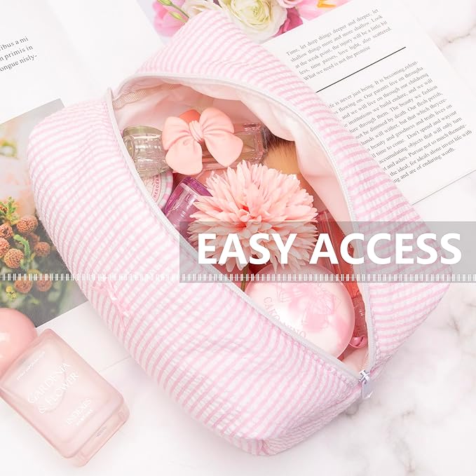 Cozy Makeup Bag for Women,Zipper Cosmetic Pouch,Stripe Ballet Pink,2 Pack