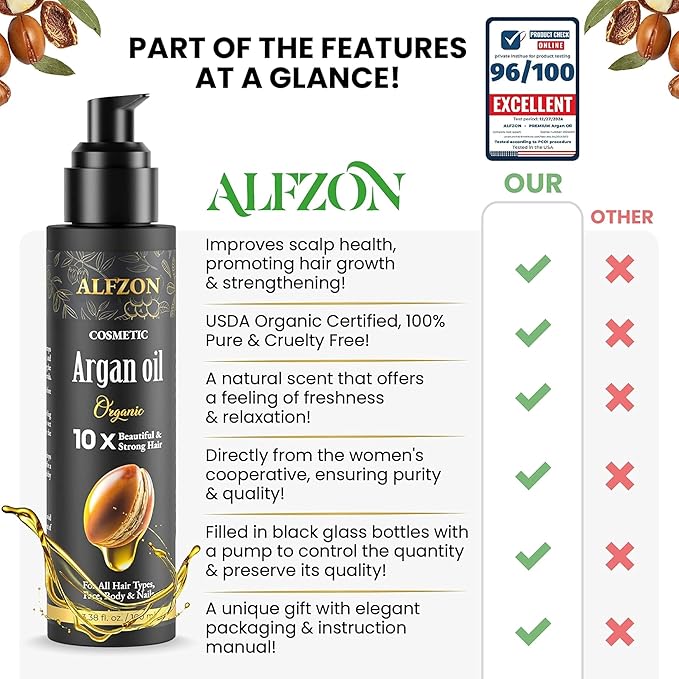 ALFZON Moroccan Argan Oil 100% Pure USDA Organic Cold Pressed Unrefined – Deep Moisturizing Hair & Scalp Treatment for Dry, Damaged, Curly & Frizzy Hair – Face & Skin – 3.38 Fl Oz Glass Bottle