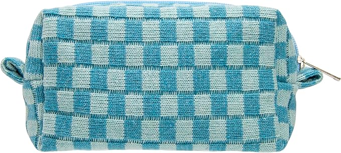 Checkered Makeup Bag for Purse, Small Travel Cosmetic Pouch,Lake Blue