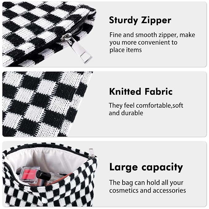 ZLFSRQ 2Pcs Checkered Makeup Bag for Women Large Small Travel Toiletry Bag Organizer Aesthetic Black Zipper Cosmetic Bags Cute Makeup Pouch for Purse Pencil Case Pencil Pouch Skincare Storage Bags