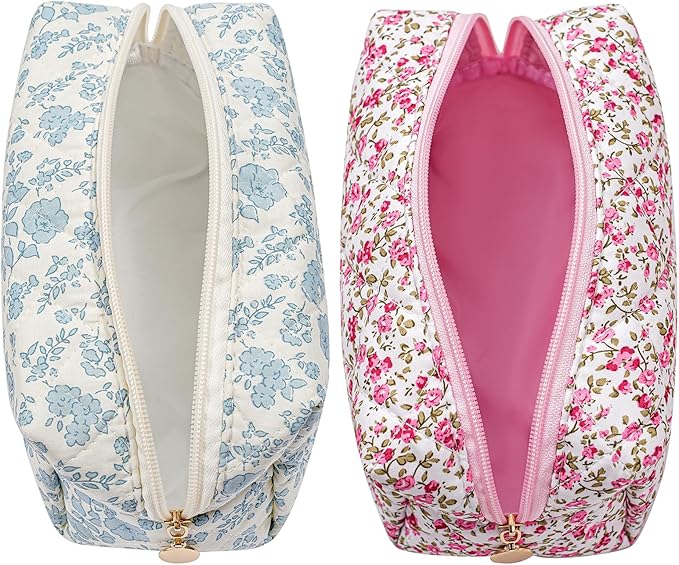 HHQQWZ Makeup Bag Travel Cosmetic Bag for Women Girls, Zipper Make Up Pouch, Floral Flowers Toiletry Organizer Makeup, Portable Storage Cosmetic Travel Cloth Bag (Blue Floral+Flower-Red)