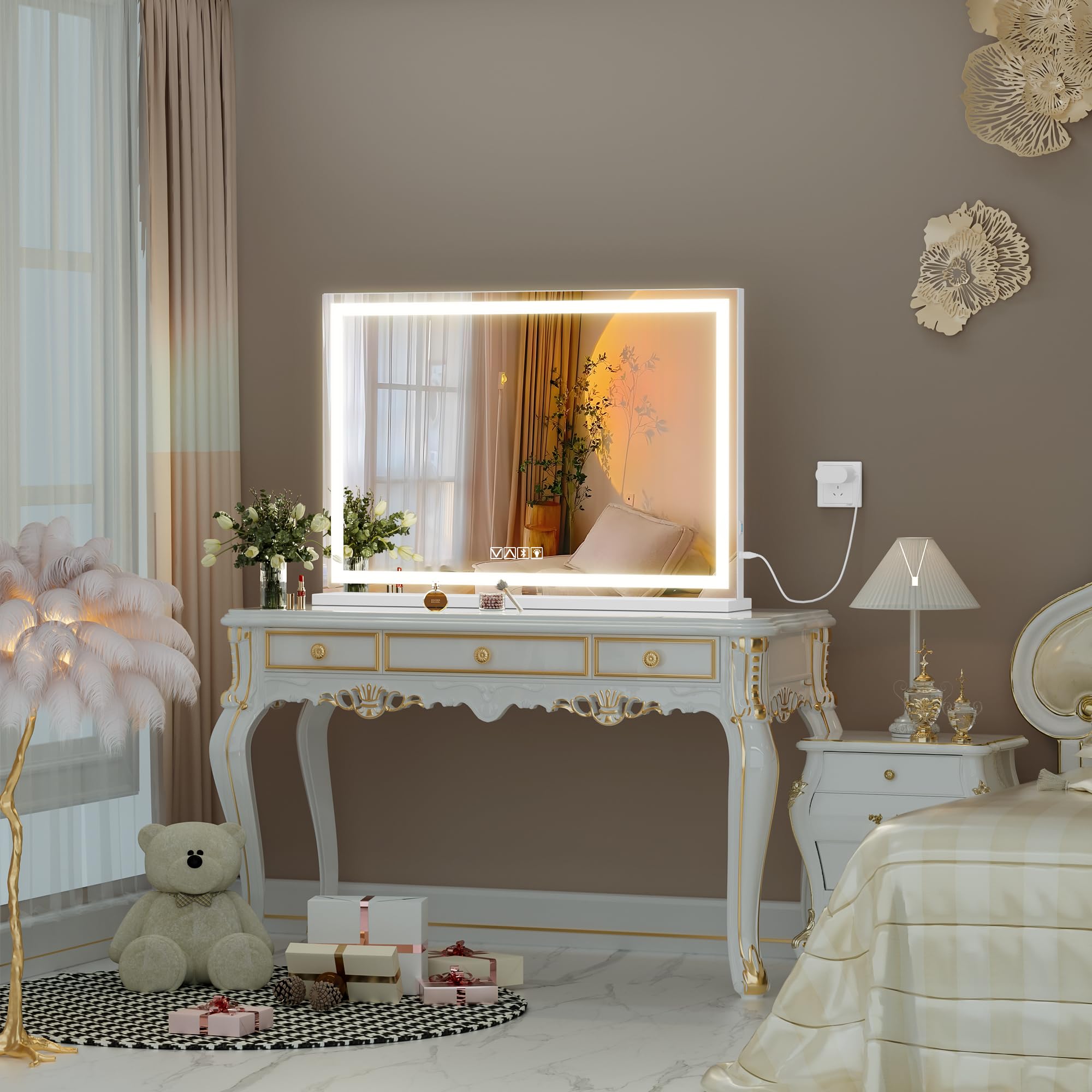 Hasipu Vanity Mirror with Lights and Bluetooth Speaker, 37" x 25.6" LED Makeup Mirror, Lighted Makeup Mirror with Dimmable 3 Modes, Touch Screen Control Vanity Mirror Square White