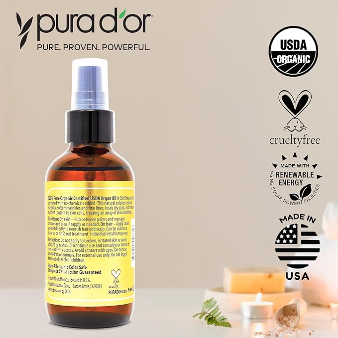 PURA D'OR USDA Organic Moroccan Argan Oil–100% Pure Cold-Pressed Virgin Grade–Treatment for Hair, Skin, Face, Body– Helps Dry Skin, Scalp Care, Split Ends, Nails & Cuticles 4 Oz - Ayurvedic Hair Care