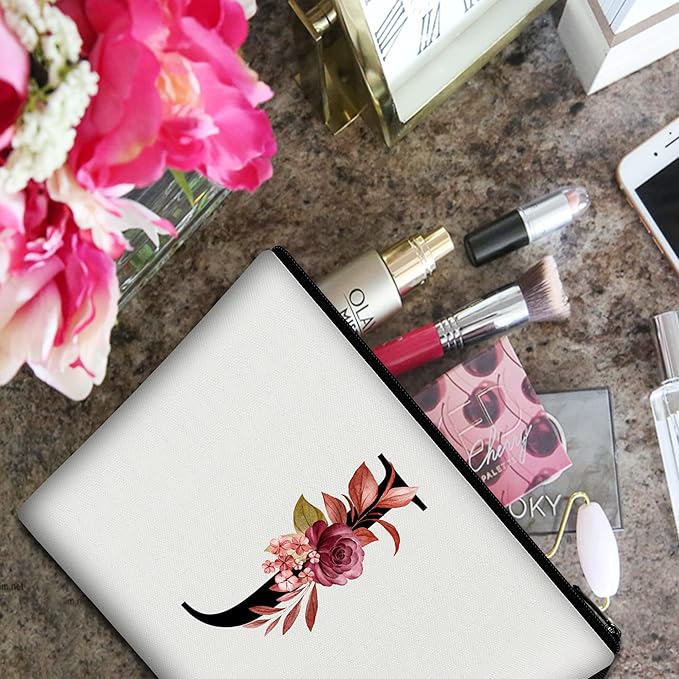 Vavabox A-Z Personalized Makeup Bag, Birthday Gifts for Women Mom, Gifts for Best Friend, Bride Bridesmaid Cosmetic bag (J, 01-White)