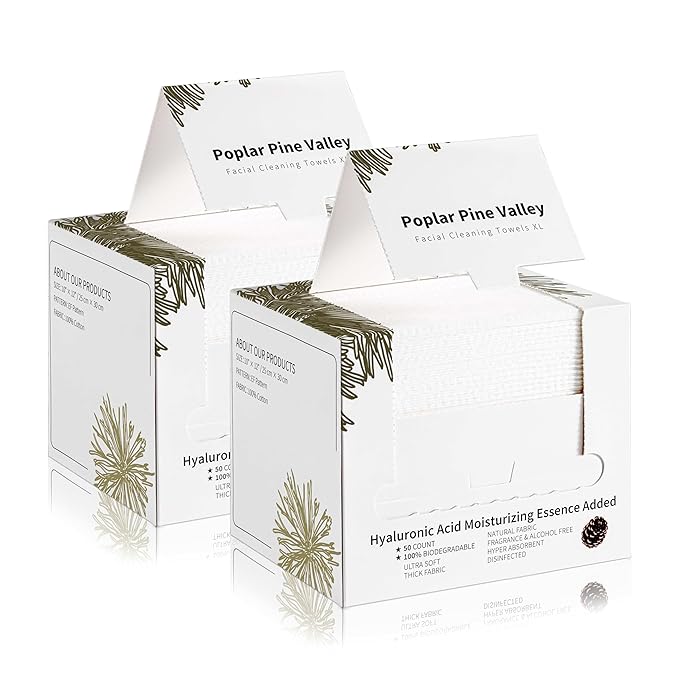 Poplar Pine Valley, Clean Towels XL for Face, Makeup Remover Dry Wipes, Hyaluronic Acid, Cleansing and Moisturizing, Skincare Towels, Cotton, Thick Soft, Travel, 50 Ct, 1 Pack, White