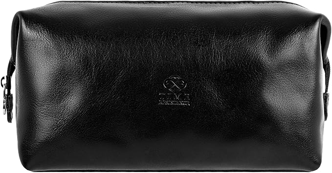 Time Resistance Leather Toiletry Bag - Italian Cosmetic Case Dopp Kit (Black)