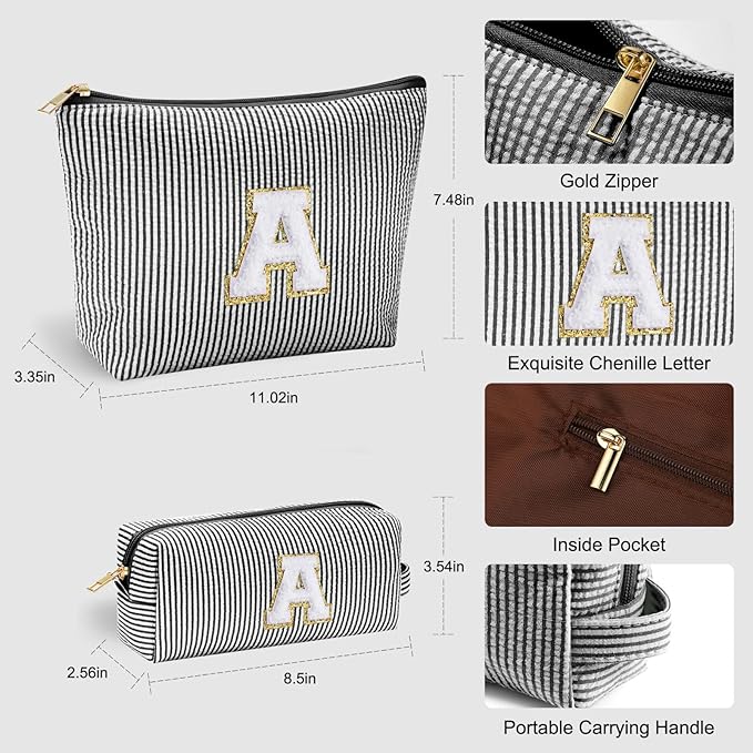 YOOLIFE Gifts - Personalized Mother's Day, Graduation & Birthday Gifts for Women & Girls - Monogram Initial Black Cute Makeup Bag Cosmetic Toiletry Pouch Make Up Case