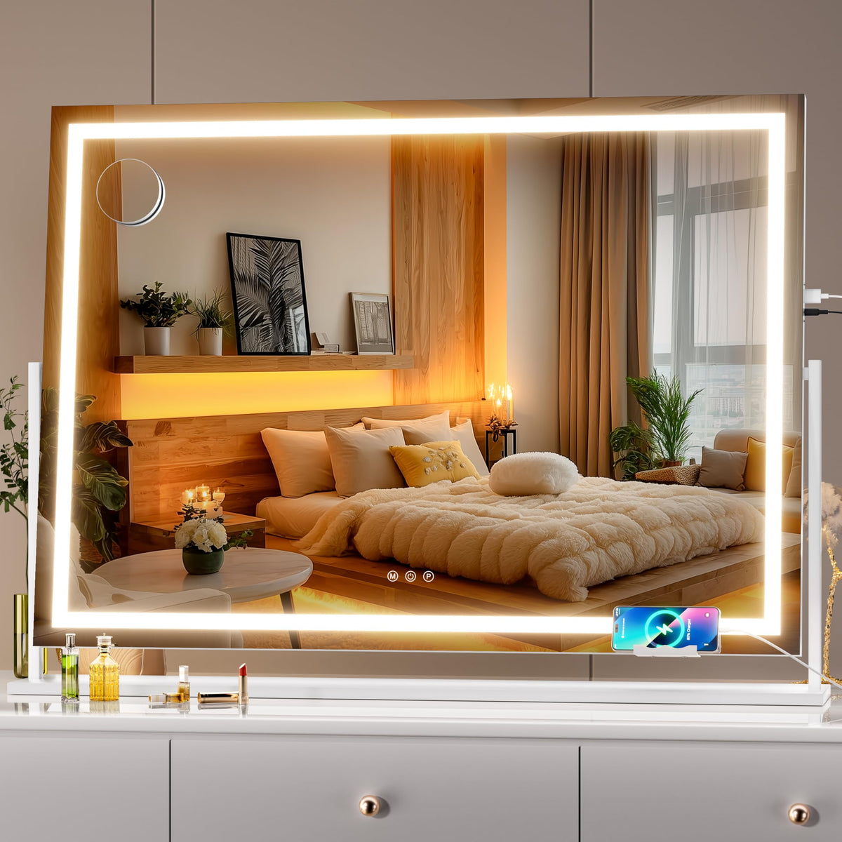 Hasipu Vanity Mirror with Lights, 34.3" x 25.2" LED Makeup Mirror, Light up Mirror with 10X Magnification and Phone Holder, USB Charging Port, Smart Touch 3 Colors Dimmable (White)