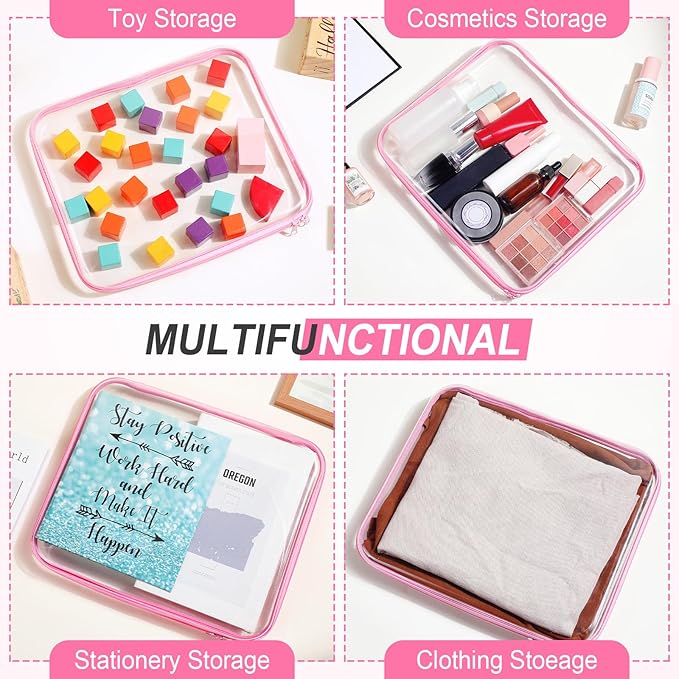 Hoolerry 3 Pcs Clear Hard Zipper Case Hard Plastic Zipper Pouch Makeup Bag Portable Travel Organizer for Cosmetics, Office Supplies, Documents & Toiletries(Pink,L)