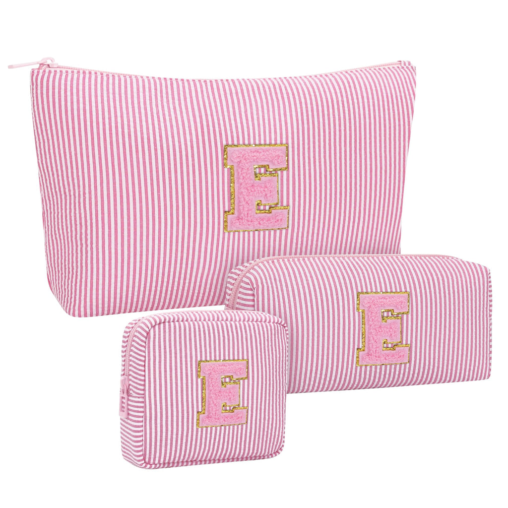MONSTINA Personalized Initial Makeup Bag for Women,Monogram Make Up Case for Girlfriend Bridesmaid Wife,Birthday Gift for Her Cute Toiletry Bag,3PCS,Pink E