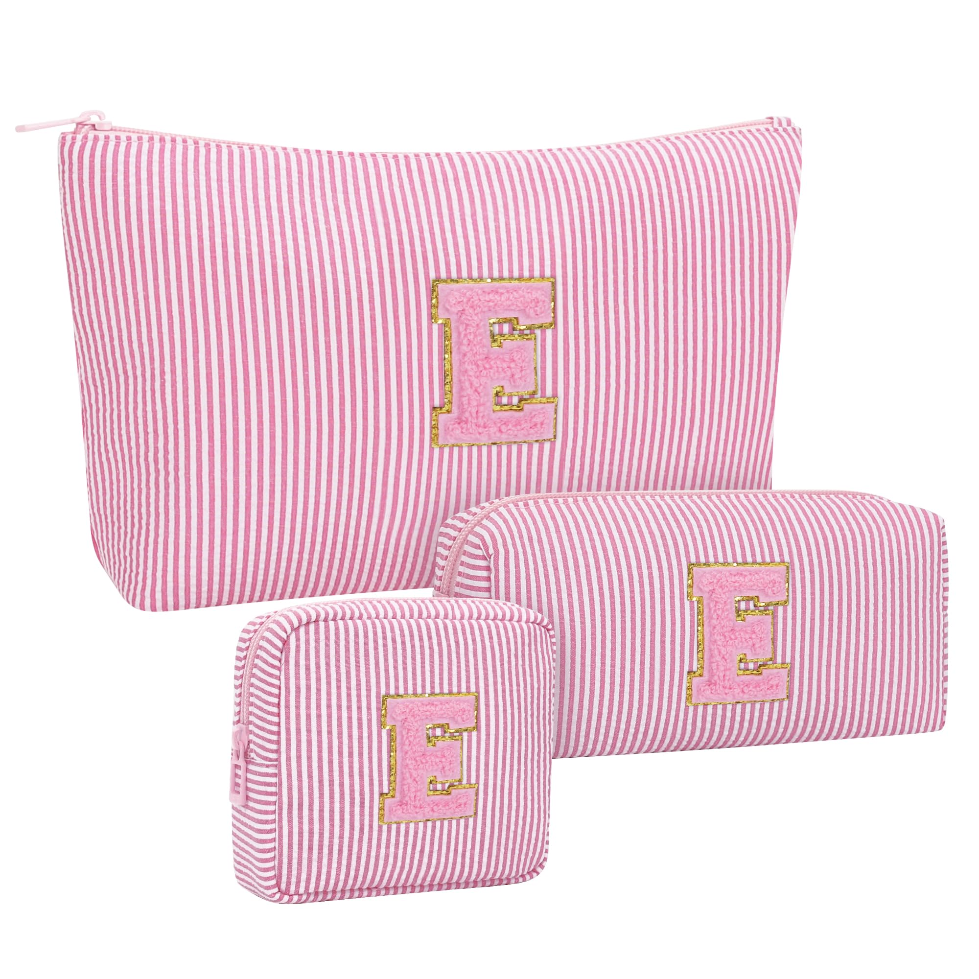 MONSTINA Personalized Initial Makeup Bag for Women,Monogram Make Up Case for Girlfriend Bridesmaid Wife,Birthday Gift for Her Cute Toiletry Bag,3PCS,Pink E