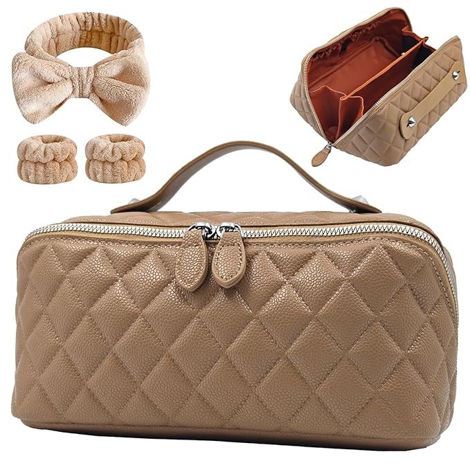 Cuteseason PU Leather Makeup Bag for Women, Structured Makeup Case with Wide Opening, Travel Cosmetic Bag with Compartments and Handle, Water-Resistant Makeup Organizer(Khaki Diamond Quilted)