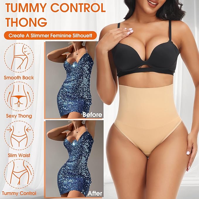 Niceuare Tummy Control Thong Shapewear for Women High Waist Body Shaper Underwear Seamless Comfortable Panty Thong（Nude，Medium