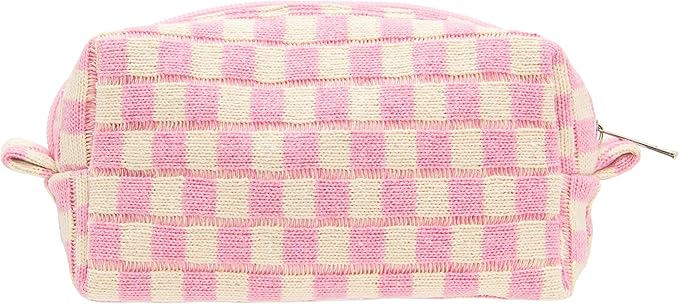 Checkered Makeup Bag for Purse, Small Travel Cosmetic Pouch,Pink Beige