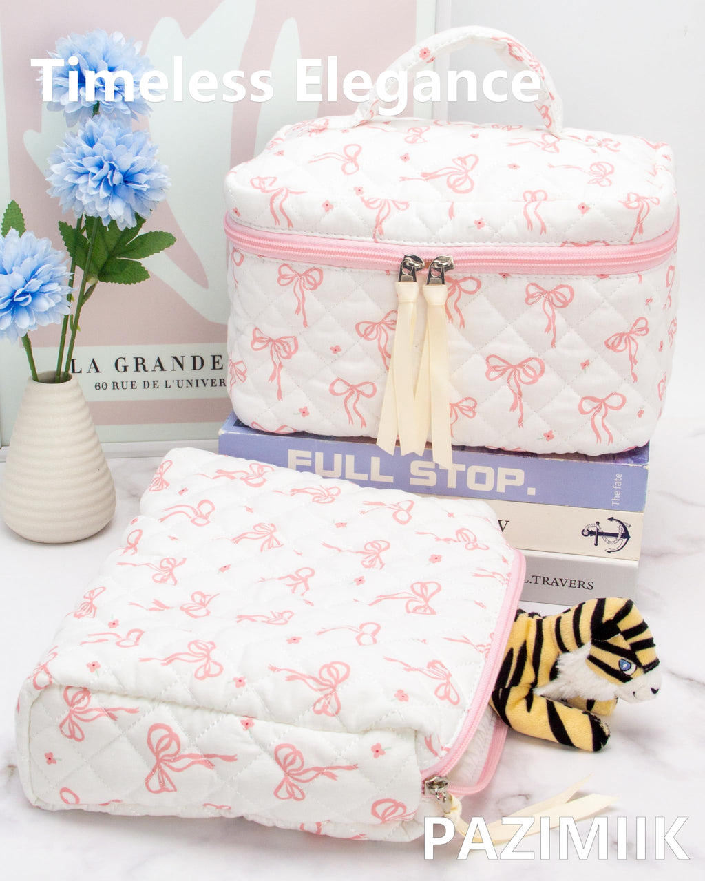 Quilted Makeup Bag for Women, Travel Cosmetic&Toiletry Bag,Bow Pink