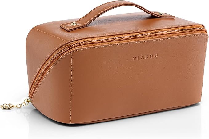 VLANDO Makeup Bag for Women with Open Flat Layout,Zipped TPU Pocket,Brown