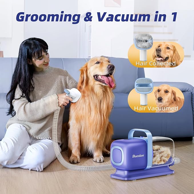 Buenkee Dog Grooming Vacuum Kit, 15000Pa Clipper, Shedding Brush, 2L, Blue