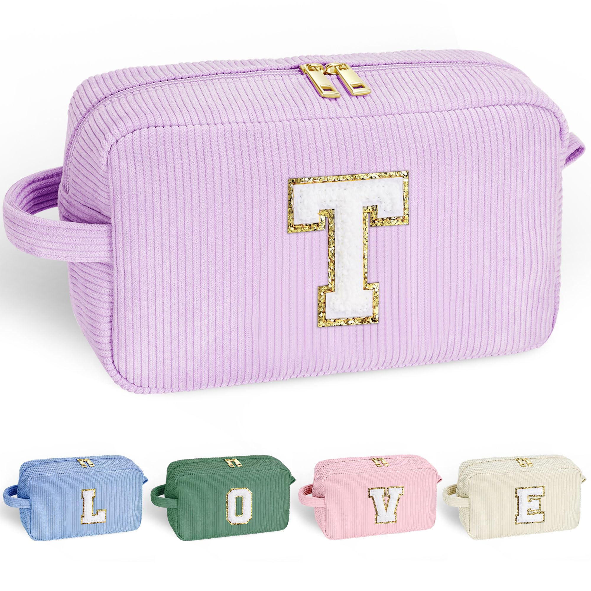 YOOLIFE Girls Travel Makeup Bag - Make Up Bag Mini Cosmetic Bags for Women Makeup Brush Bag Travel Bag Cute Small Makeup Bag Unique Gifts Teacher Gifts Friend Birthday Gifts for Women Her Letter T
