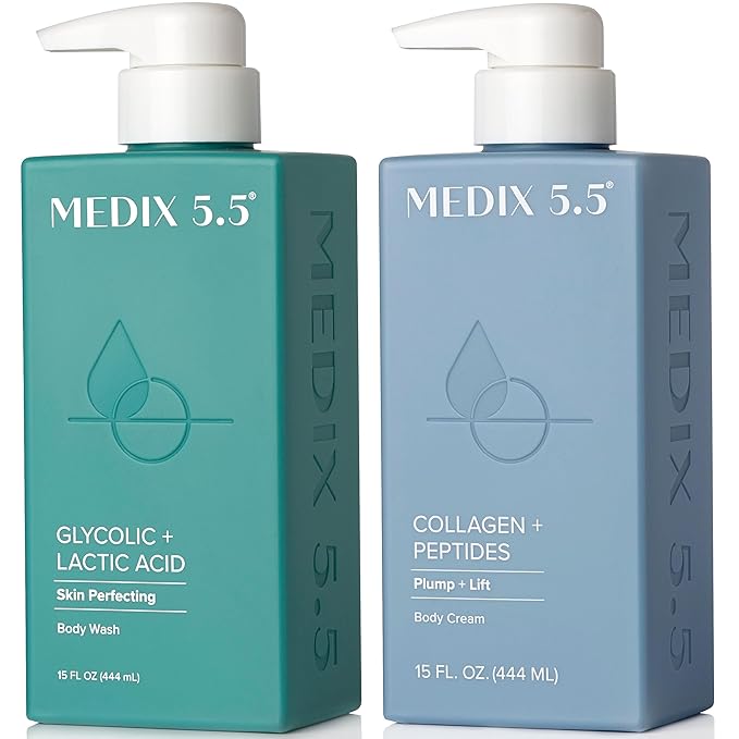 Medix 5.5 Exfoliating AHA Glycolic Acid Face & Body Wash Cleanser + Collagen Moisturizing Body Cream Lotion Skin Care 2-Piece Set, Alpha Hydroxy & Lactic Foaming Body Wash & Face Wash